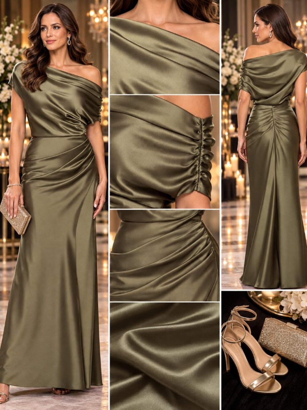 Betsy & Adam Petite Olive Satin Draped Formal Gown Size 10P NWT